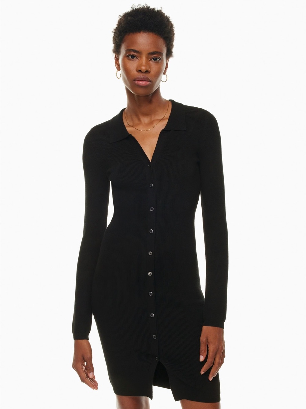 Aritzia Small Cove Dress Wilfred Black Ribbed Button-Front Long Sleeve Dress